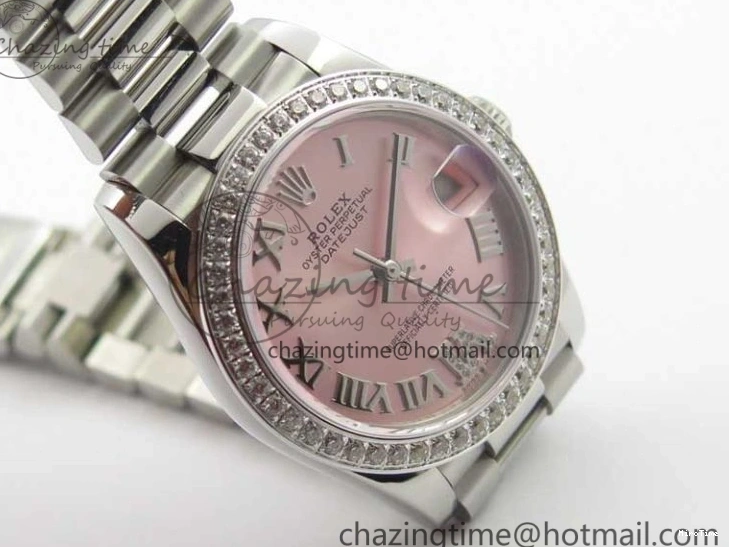 MiroTime 0402 Datejust 31mm 278275 SS Crystal Bezel BP Maker Best Edition Pink Roman Dial Crystal @6 on SS President Bracelet Contemporary 3082